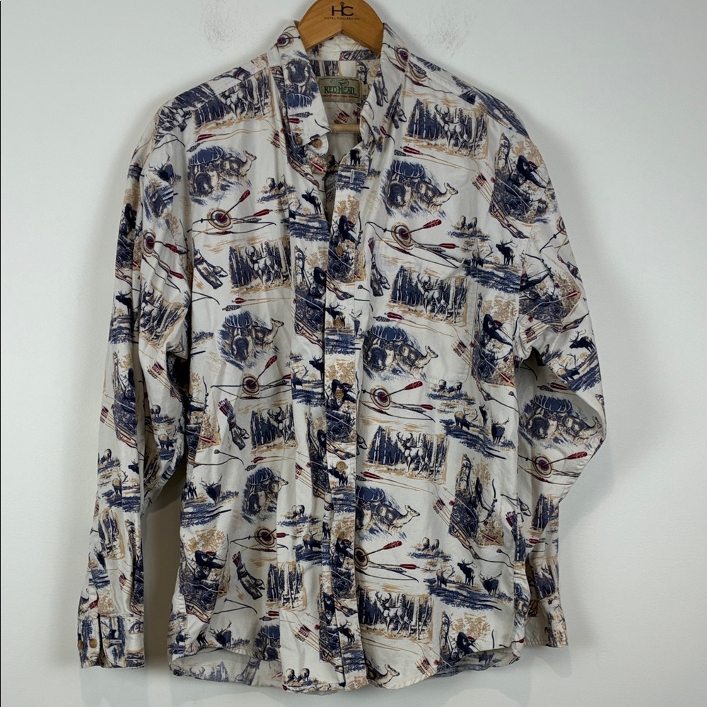 Vintage RedHead Button-Up Shirt Men’s Large Cream Bow Hunting Hunter Long Sleeve